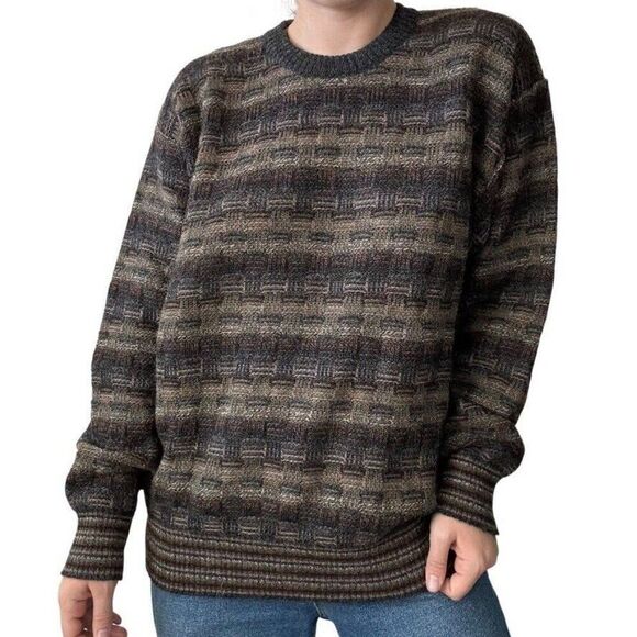 Vintage 1990s Top Knit 100% Alpaca Brown Chunky Geometric Oversized Sweater Sz L - Picture 1 of 9